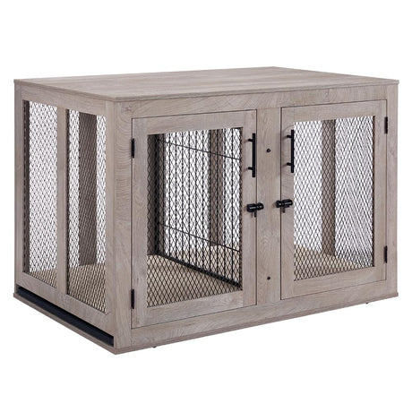 unipaws Extra Large Dog Crate Furniture with Divider for 2 Dogs, Wooden Dog Kennel for XLarge Breed, Indoor Decorative XL Wood Dog Cage, Inside Side End Table Crate with Tray, for Dogs Up to 90 lbs unipaws