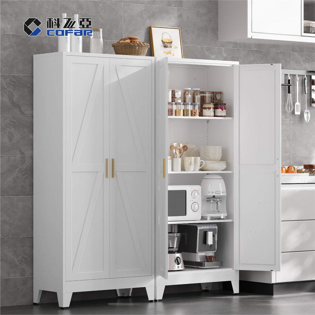 COFaR Metal Storage Cabinet, 61 in Tall Metal Cabinet with 3 Adjustable Shelves and Barn Doors, Farmhouse Cupboard Storage for Kitchen Pantry Garage Laundry, 4-Tier White COFaR