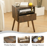 Fultyle Walnut Nightstand, Wooden Bedside Table with Fluted Drawers and Open Shelf, Night Stand Wood for Bedroom, Living Room and Small Space (Rustic Brown) Fultyle