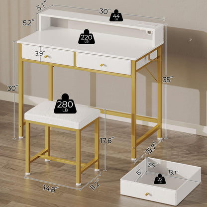 Seventable Vanity Desk Without Mirror, Makeup Vanity with Drawers and Charging Station, Small Desk with Storage for Bedroom, Simple Home Office Computer Desk for Small Spaces, White and Gold Leg