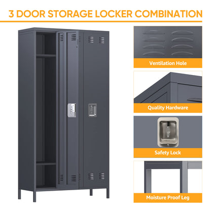 GangMei Storage Metal Locker,72" Tall Employee Locker with 3 Doors,Storage Locker for Employees School Hospital Garage Gym Home Office with Hooks - WoodArtSupply