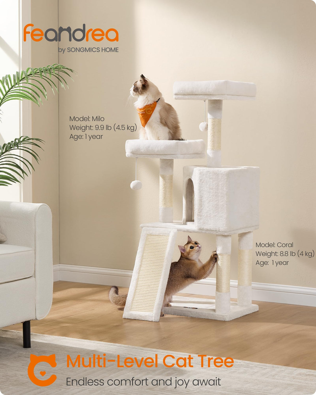 Feandrea Cat Tower, Cat Tree for Indoor Cats, 45.3-Inch Cat Condo with Scratching Post, Ramp, Perch, Spacious Cat Cave, for Kittens, Elderly Cats, Adult Cats, Small Space, Cream White UPCT141W02 Feandrea