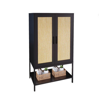 BOCVKENN Wardrobe Closet,Rattan Bedroom Armoires with 2 Doors,Wooden Wardrobe Cabinet with Shelves and Hanging Rod for Clothes,Black - WoodArtSupply