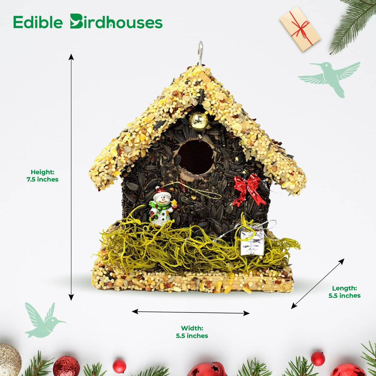 Edible Birdhouses Handmade Unique Wooden Birdhouse Covered w/Birdseed- Reseedable Bird Feeder-Made in USA- Holiday Design! (SL) EDIBLE BIRDHOUSES