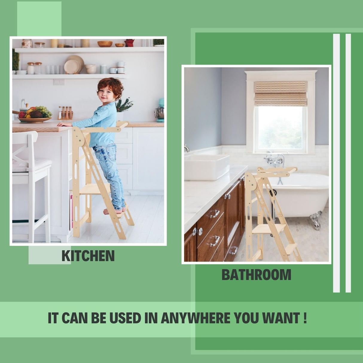 YK KIDS, Foldable Toddler Tower, Step Stool for Kids, Foldable Kitchen Tower for Kids, Step Stool with Safety Rail, Montessori Child Standing Tower (Natural) YK KIDS