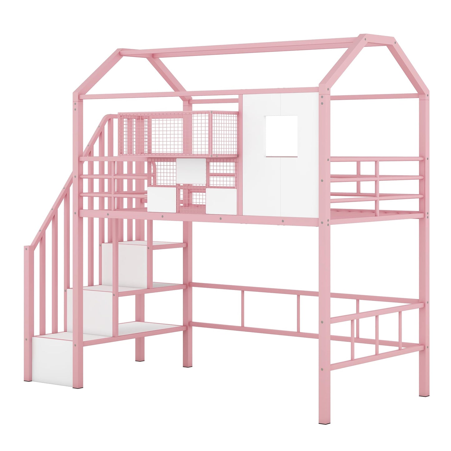 Harper & Bright Designs House Loft Bed with Stairs, Metal Twin Loft Bed Frame with Roof and a Storage Box, Modern Style Heavy-Duty Steel Frame Loft Bed with Safety Rail, for Kids Teens (Twin, Pink)