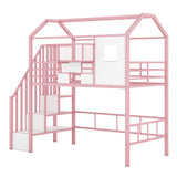 Harper & Bright Designs House Loft Bed with Stairs, Metal Twin Loft Bed Frame with Roof and a Storage Box, Modern Style Heavy-Duty Steel Frame Loft Bed with Safety Rail, for Kids Teens (Twin, Pink) Harper & Bright Designs