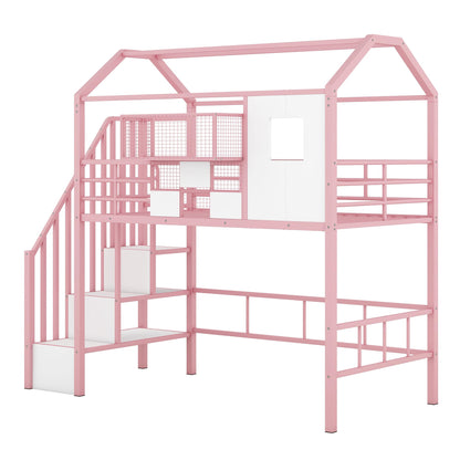 Harper & Bright Designs House Loft Bed with Stairs, Metal Twin Loft Bed Frame with Roof and a Storage Box, Modern Style Heavy-Duty Steel Frame Loft Bed with Safety Rail, for Kids Teens (Twin, Pink)