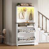 Farmhouse Shoe Cabinet with Coat Rack, Tall Shoe Cabinet with 2 Flip Drawers, Narrow Hidden Shoe Storage Cabinet, 2 in 1 Hall Tree Slim Freestanding Shoe Rack Organizer for Entryway, LED Light, White RALGEND