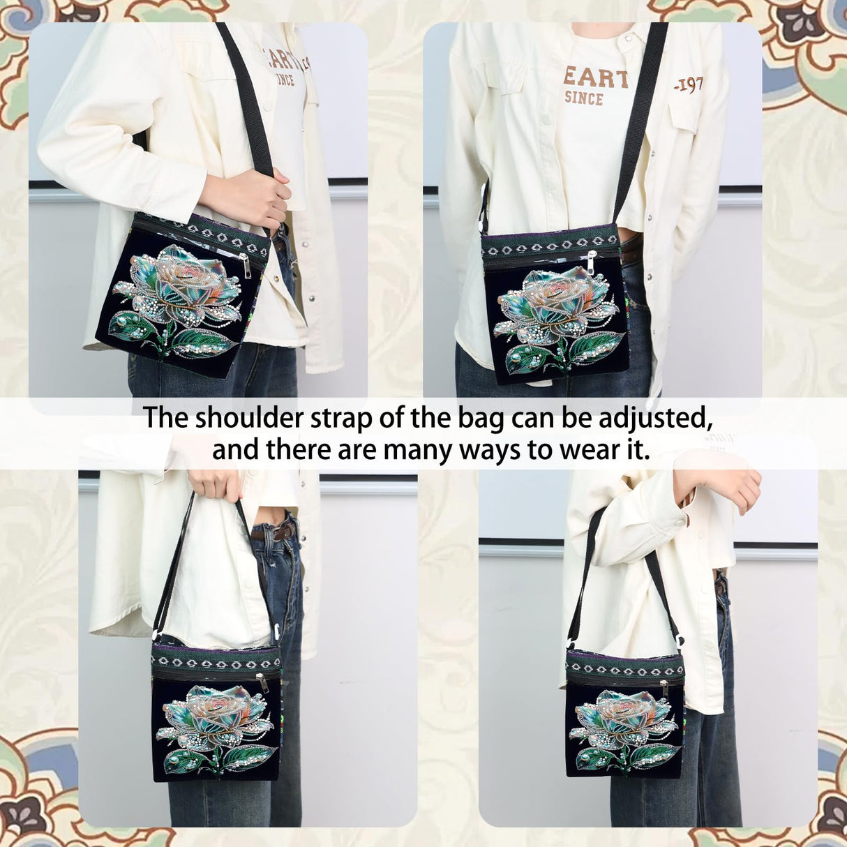 DIY Diamond Art Painting Canvas Crossbody Bag, Ethnic Style, Special Shaped Crystal Diamond Painting by Numbers Mosaic Kits Focart