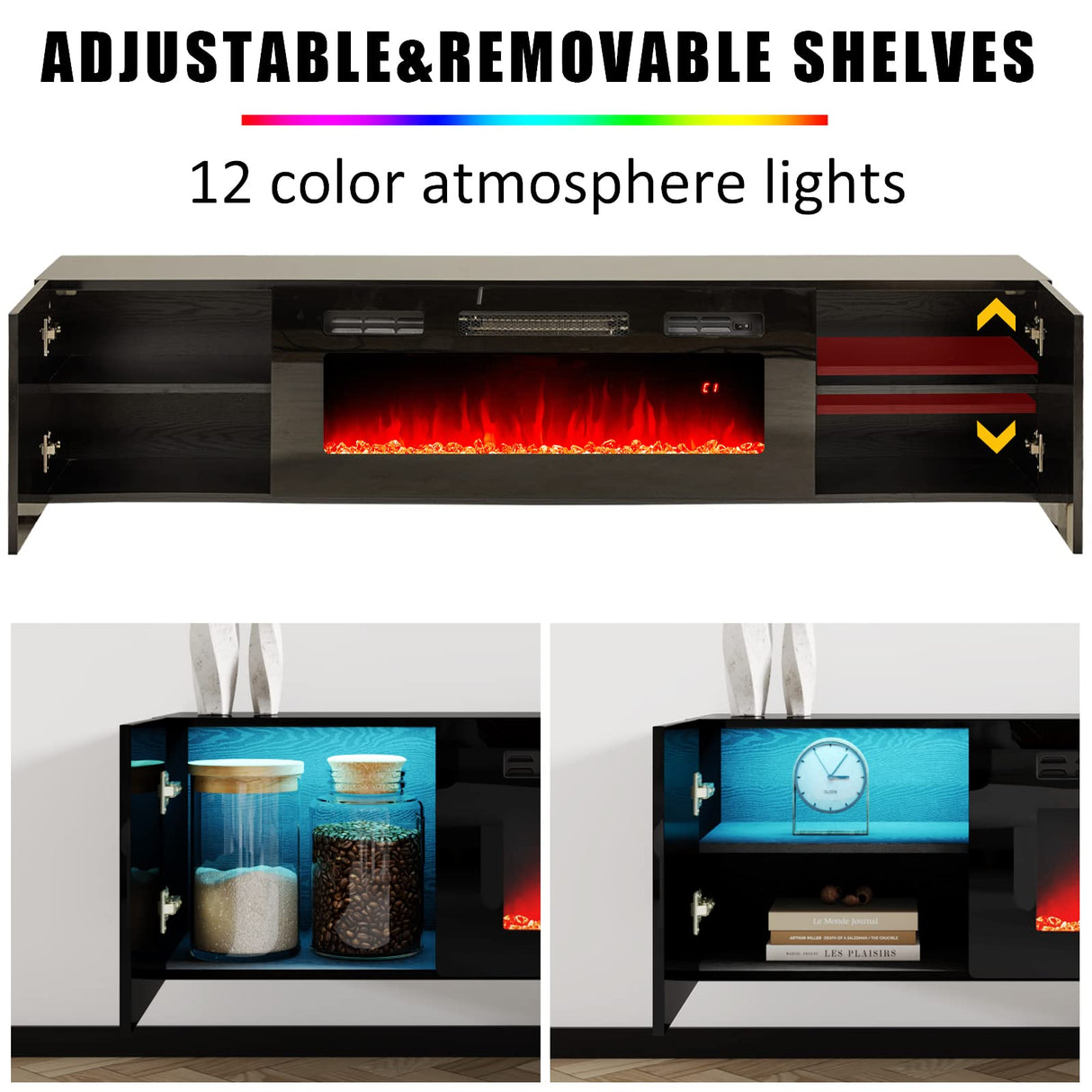 AMERLIFE Floating TV Stand with 36" Electric Fireplace, High Gloss Finish Wall Mounted Fireplace Entertainment Center with Storage for TVs Up to 78", Black AMERLIFE