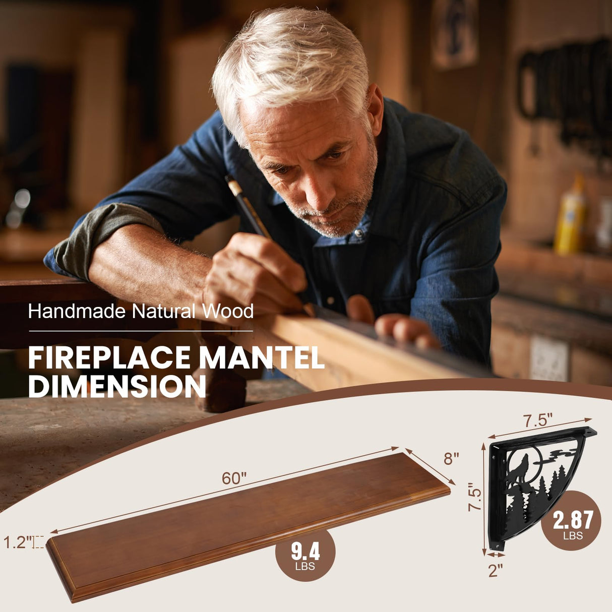 Wood Mantels for Fireplace,Handcrafted Fireplace Mantels 60 Inches,Wall Mount Fireplace Mantel Shelves,Floating Fireplace Mantel with Heavy Duty Metal Bracket for Wall Decor Living Room MYFIREPLACEDIRECT