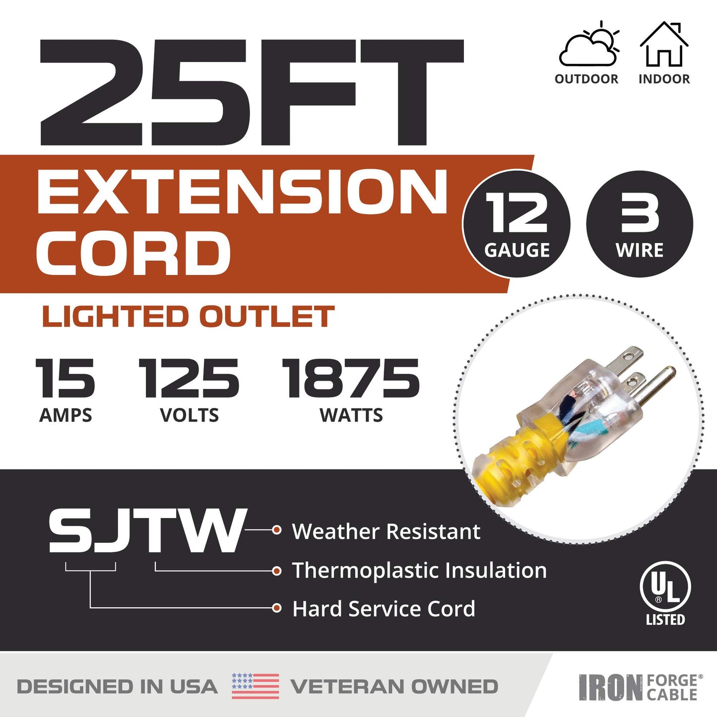 IRON FORGE CABLE 25 ft Lighted Outdoor Extension Cord - 12/3 SJTW Heavy Duty Yellow Extension Cable Extension Cable with 3 Prong Grounded Plug for Safety, 15AMP -Great for Garden and Major Ap - WoodArtSupply