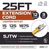 IRON FORGE CABLE 25 ft Lighted Outdoor Extension Cord - 12/3 SJTW Heavy Duty Yellow Extension Cable Extension Cable with 3 Prong Grounded Plug for Safety, 15AMP -Great for Garden and Major Appliances IRON FORGE CABLE