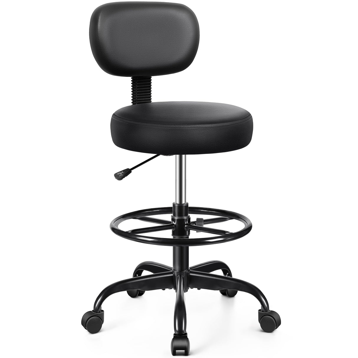 Brick Attic Drafting Chair with Backrest – Adjustable Foot Rest Rolling Stool with Wheels, PU Leather Swivel Stool for Office Spa Studio Lab Counter Salon Home Work Bar Kitchen Shop(Black) Brick Attic