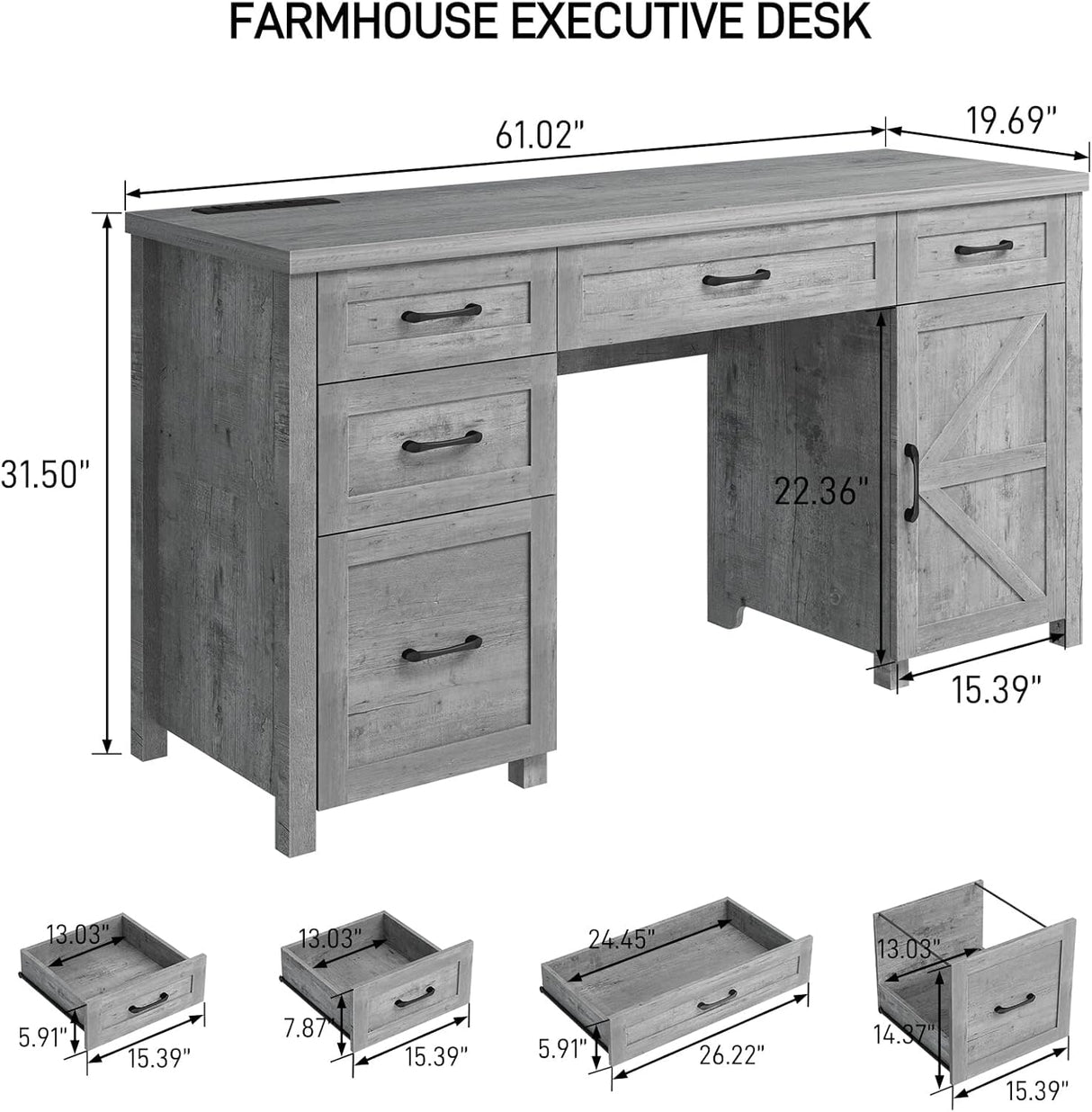 Farmhouse 61'' Executive Desk with 5 Drawers, Rustic Office Desk Computer Desk with Charging Station, File Drawers and Storage Cabinet, Wood Workstation for Home Office and Study,Grey. Vabches