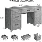 Farmhouse 61'' Executive Desk with 5 Drawers, Rustic Office Desk Computer Desk with Charging Station, File Drawers and Storage Cabinet, Wood Workstation for Home Office and Study,Grey. Vabches