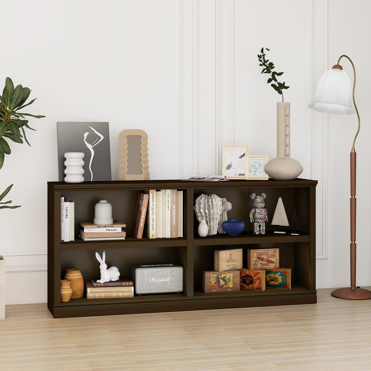 blini Low Horizontal Bookshelf Double Wide 64" 2-Tier Bookcase 4 Cube Storage Organizer Cherry Wood Bookcases for Bedroom and Home Office Decor Display blini