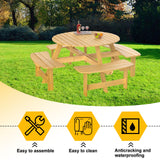 ROOMTEC Outdoor Round Picnic 4 Built Umbrella Hole 8 Person Outside Table and Bench Set for Garden, Backyard, Porch, Patio, Natural ROOMTEC