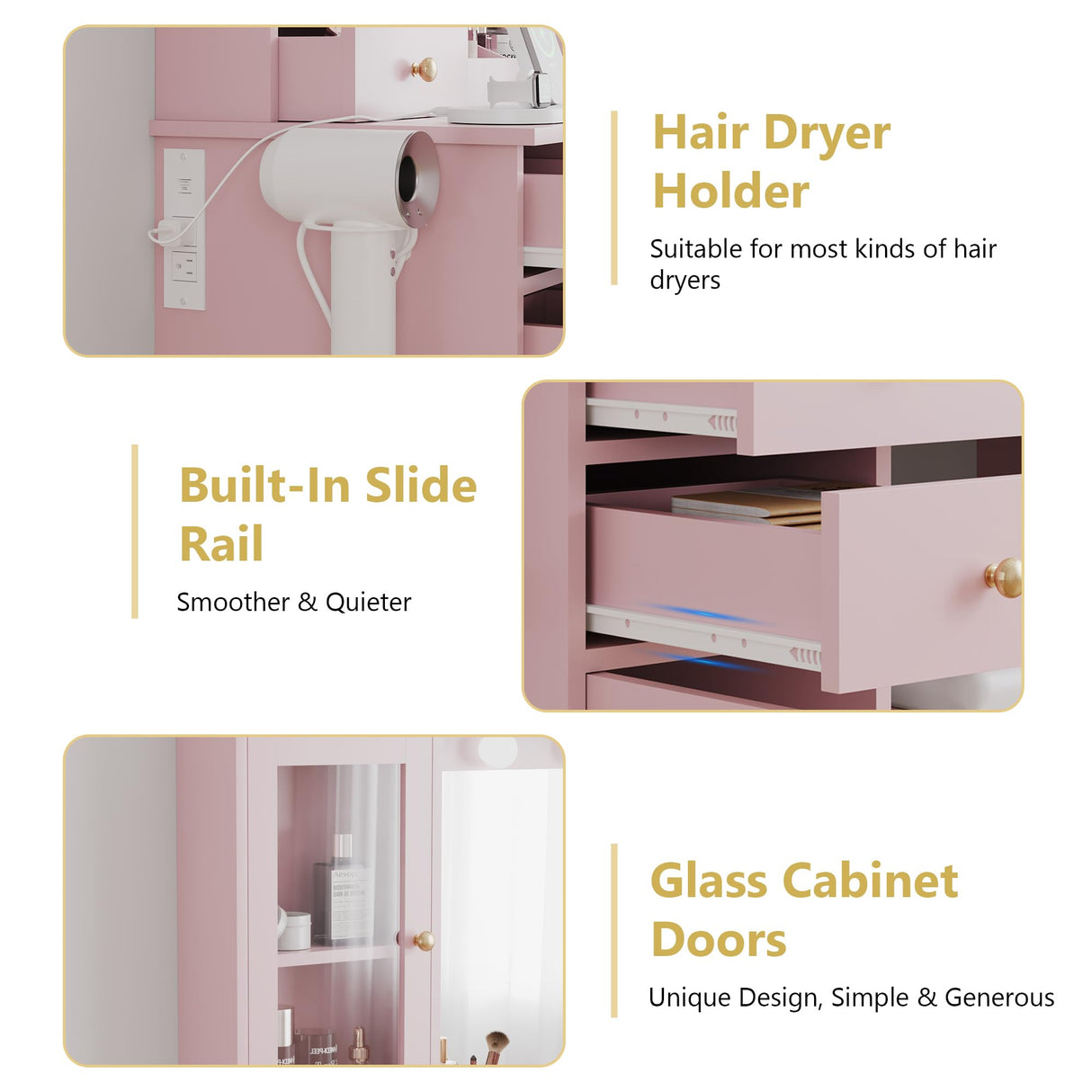 Makeup Vanity Desk with Mirror and Lights, Pink Vanity Table Set with Storage Drawers, Charging Station, Cabinets & Chair, Large Dressing Table with RGB Ambient Light for Women Girls Bedroom Bathroom Xixini