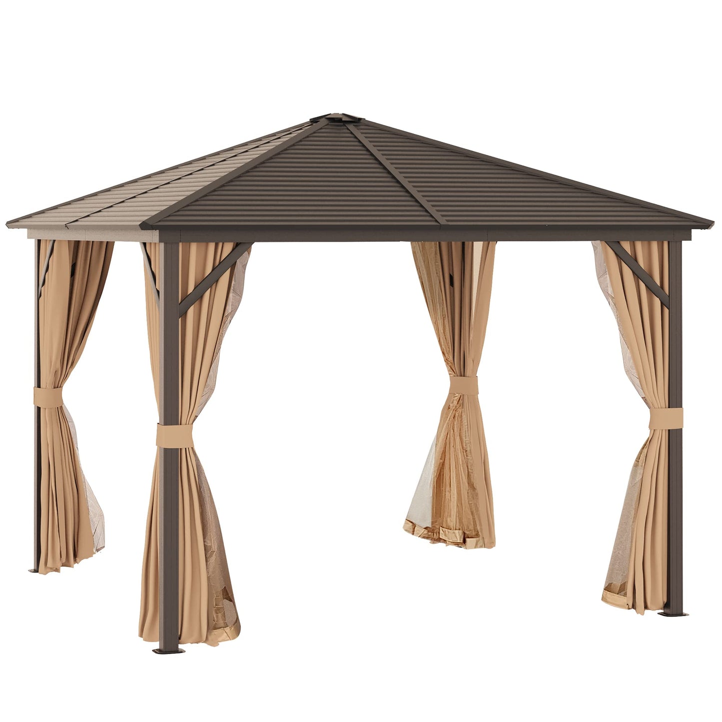 Outsunny 10' x 10' Hardtop Gazebo with Curtains and Netting, Permanent Pavilion Metal Single Roof Gazebo Canopy with Aluminum Frame and Hooks, for Garden, Patio, Backyard, Light Brown - WoodArtSupply