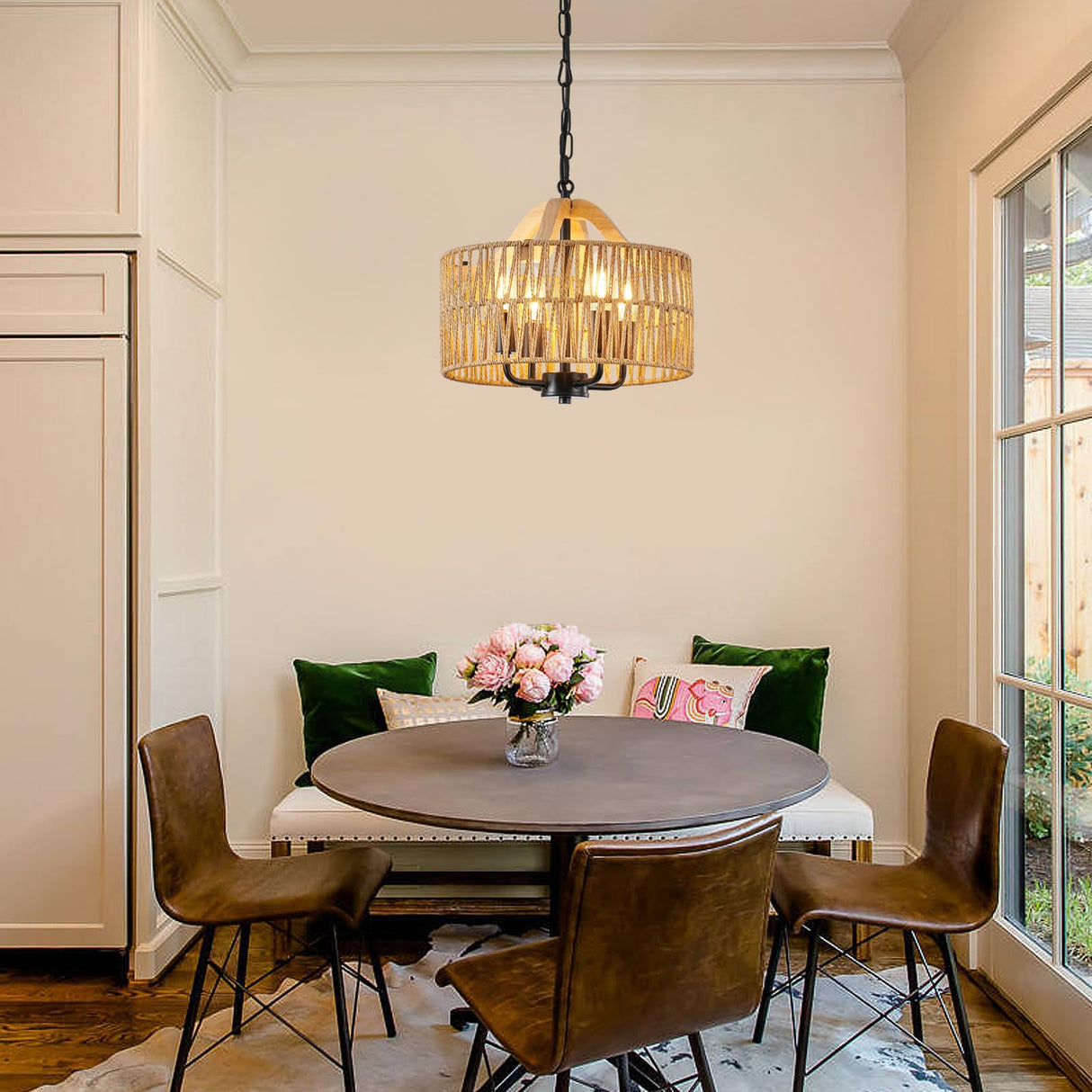 ZSDHXi Rattan Pendant Light Fixtures, 4-Light Boho Chandelier with Woven Drum Shade, Farmhouse Dining Room Ceiling Hanging Lamp, Small Wicker Coastal Pendant Lighting for Kitchen Island Hallway ZSDHXi