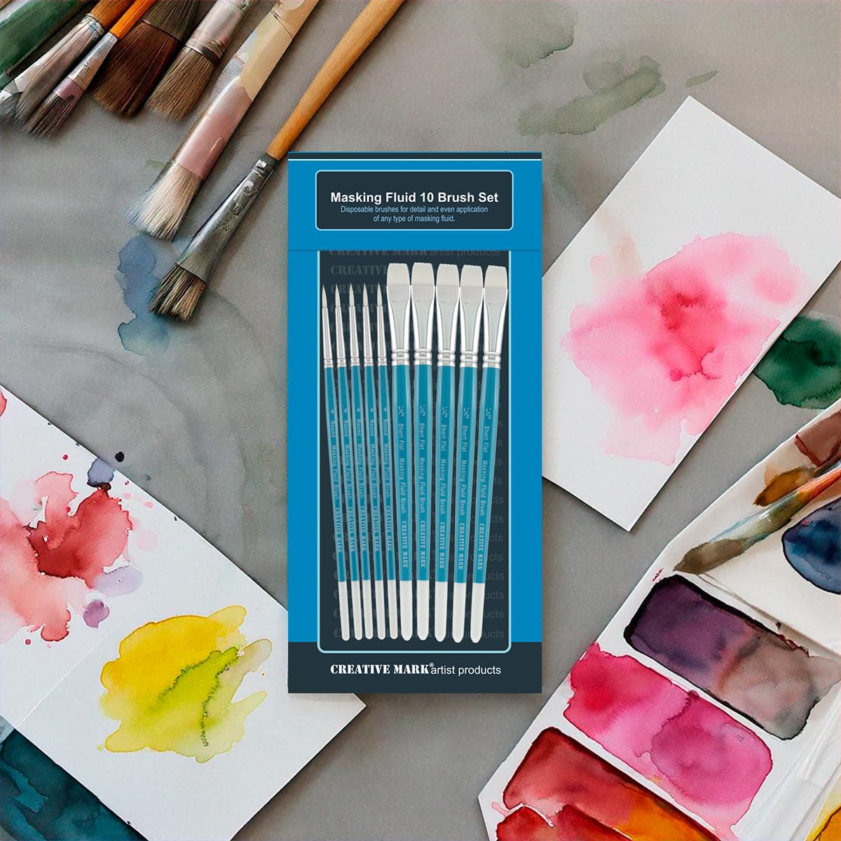 Creative Mark Masking Fluid Paint Brushes (Set of 10) - Watercolor Brushes Contains Synthetic Hair w/Short Wood Handles Creative Mark