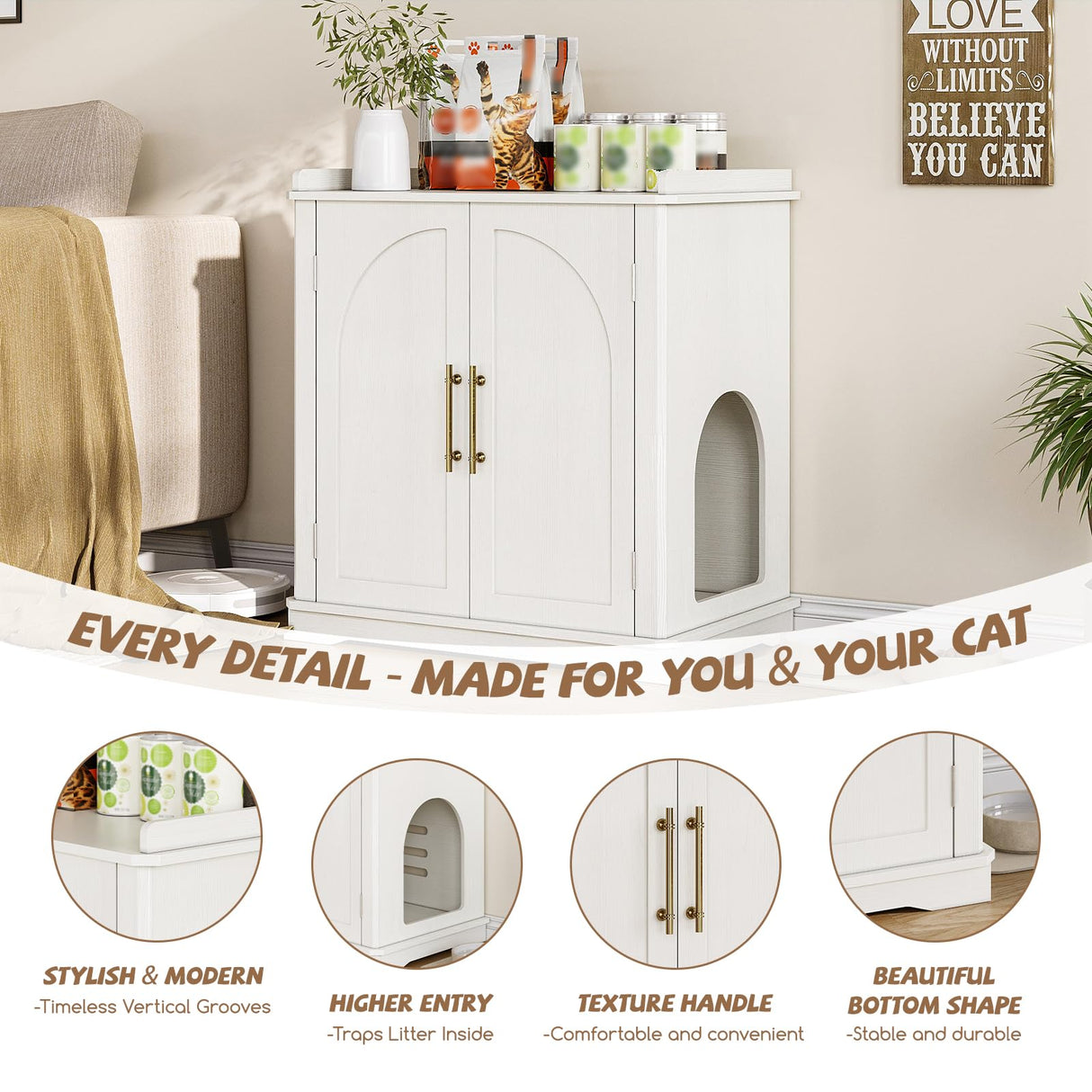 Halitaa Cat Litter Box Enclosure Furniture, Hidden Litter Box Furniture with Removable Dividers, Reversible Entrance Can Be on Left or Right Side, for Hallway, Bedroom, White, 31.4" L Halitaa