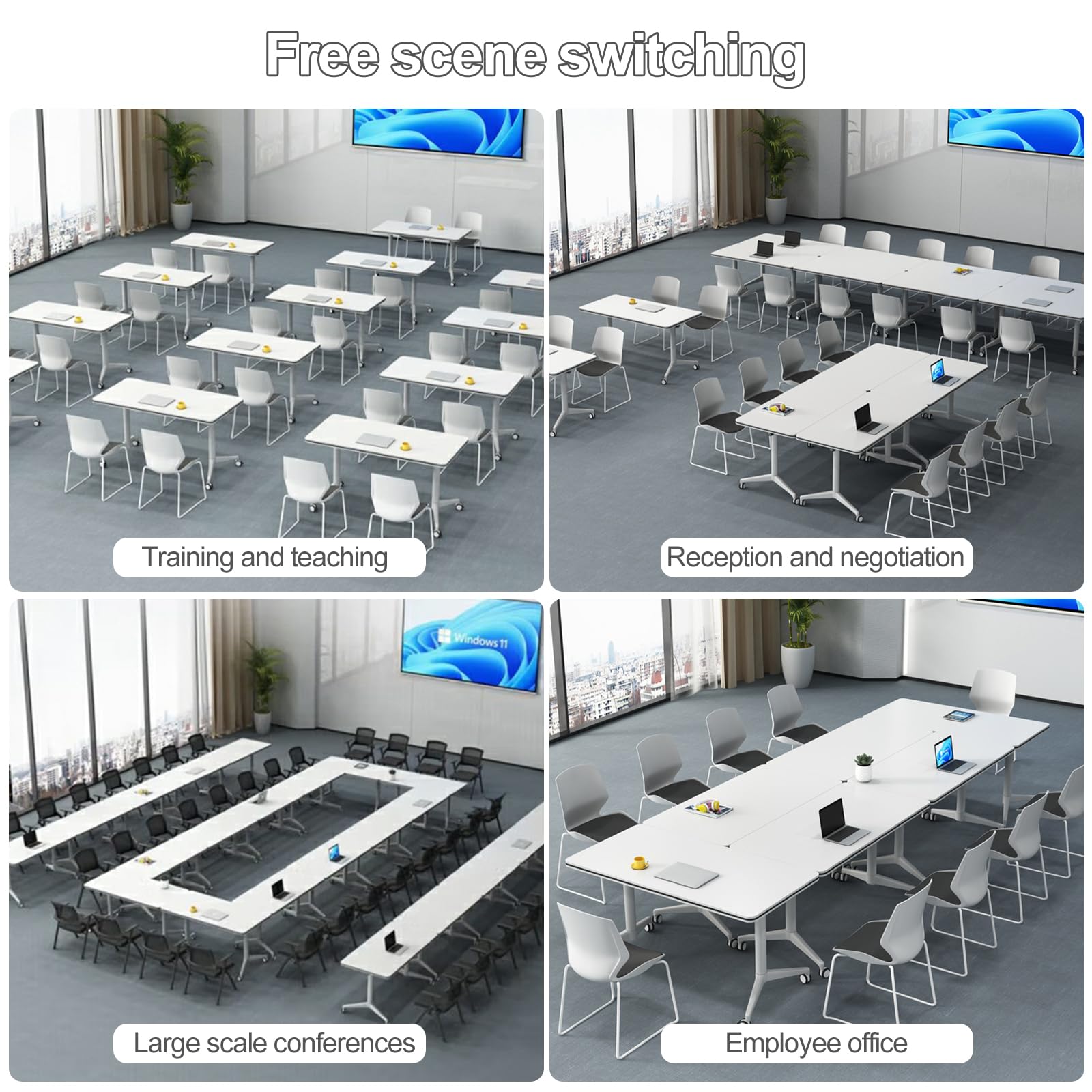 Folding Conference Table 2-10 People,Mobile Conference Room Table Rolling Meeting Table with Caster Wheels，Modern Executive Desk、Podcast Table、Extra Wide Desk、Flip Top Table (4, White, 140cm) - WoodArtSupply