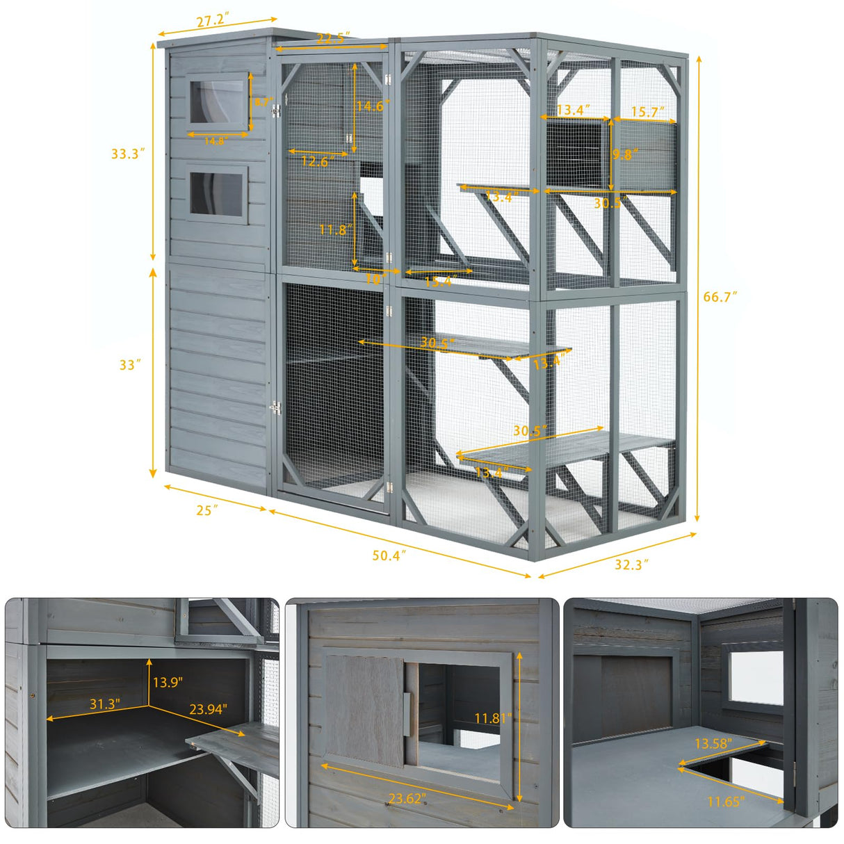 YDTOP Large Catio 4 Tiers Cat Enclosure House for Multiple Indoor Outdoor Cats with Weatherproof Roof, 4 Resting Rooms, 4 Platforms, 5 Windows, 70" H 32" W 77" L, Grey Green YDTOP