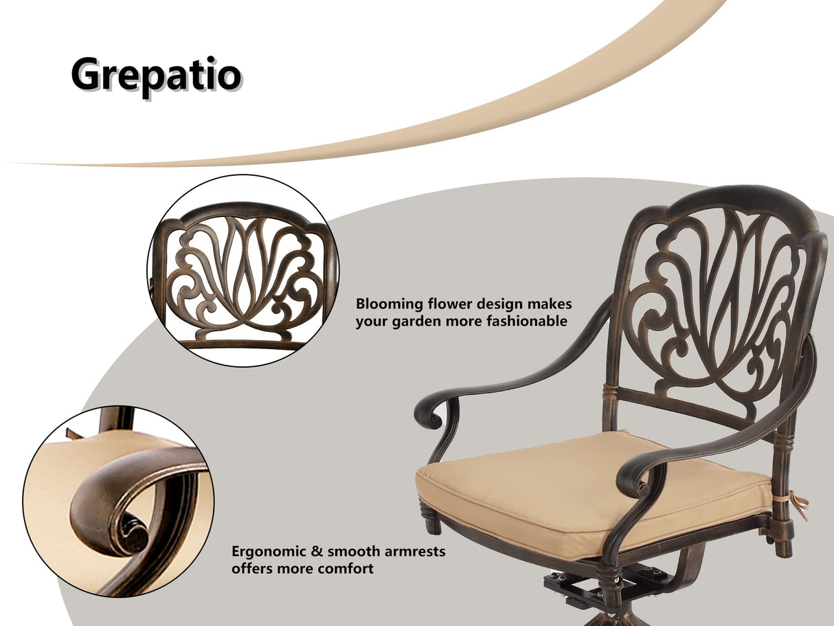 Grepatio 5 Piece Outdoor Dining Set Cast Aluminum Patio Dining Set Table and Chairs Outside Furniture 4 Swivel Chairs with Cushion and 1 Umbrella Hole Round Dining Table for Lawn Garden Patio (Khaki) Grepatio