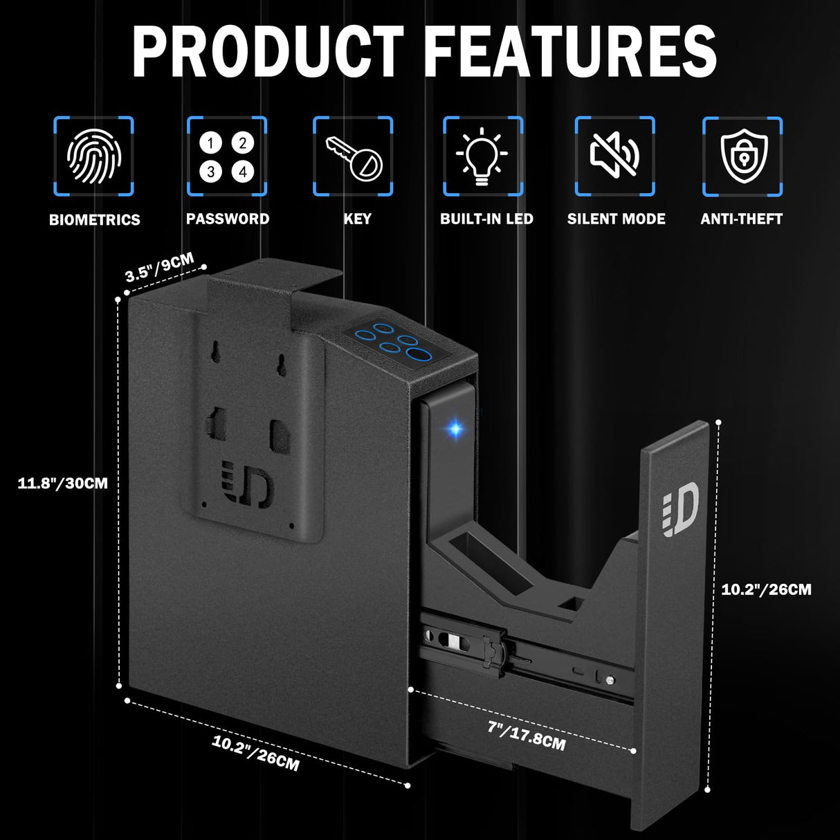 Biometric Slider Handgun Gun Safe for Nightstand, Desk, Bed Side - Pistol Safe, Hand Gun Safe For Car, Biometric gun safe for handgun with Fingerprint, PIN Code, KEY Access Urban Deco