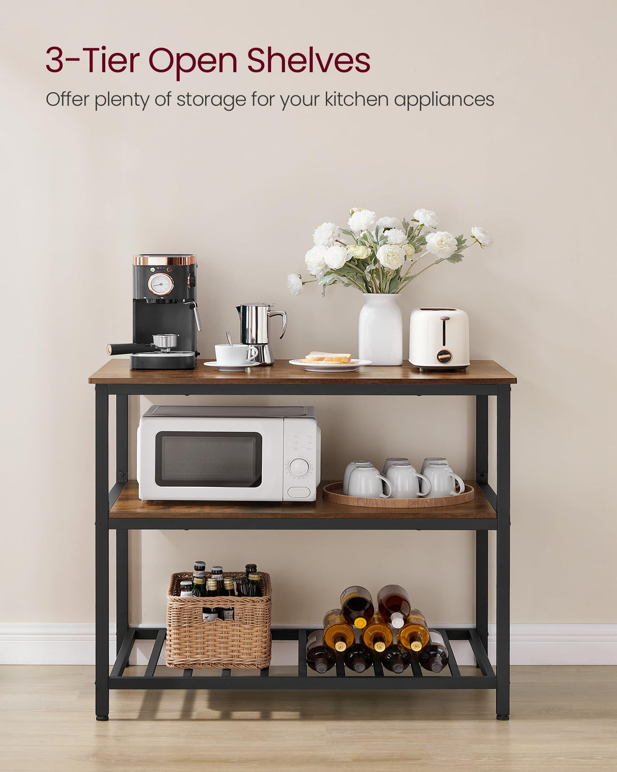 VASAGLE Kitchen Island with 3 Shelves, 39.4 Inches Width Kitchen Shelf with Large Worktop, Stable Steel Structure, Industrial, Easy to Assemble, Rustic Brown and Black UKKI005B01 VASAGLE