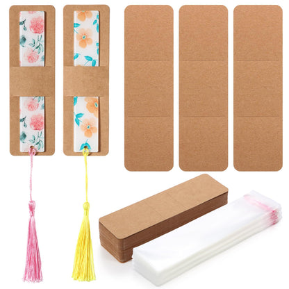 200 Pcs Bookmark Holder Set Kraft Bookmark Sleeves Transparent Self Adhesive Bag DIY Blank Bookmark Cover Display Cards for Bookmark Wrapping Small Business Packaging Supplies Party Favor Gift