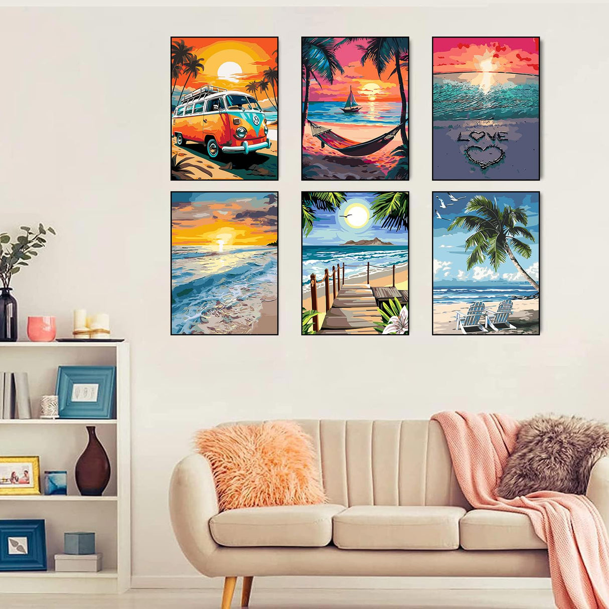 Ekuxom 6 Pack Paint by Numbers Kit for Adults Beginner, 12x16 inch Beach Adult Paint by Number Kits on Canvas, DIY Beach Painting by Numbers for Adults Home Wall Decor Ekuxom