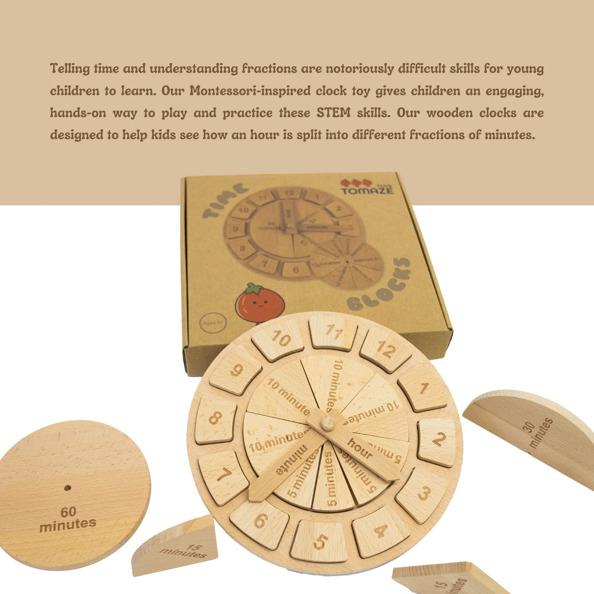 Tomaze Montessori Wooden Toy Clock - Kids' Educational Kit to Teach Time, Fractions, Numbers, & Sorting with Blocks - Early Math Learning - Gift for Age 4+ Boy Girl Preschooler in Classroom Homeschool Tomaze Toys