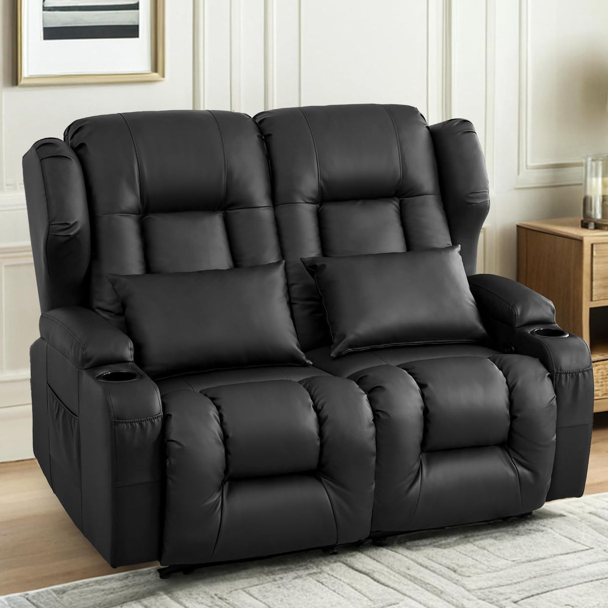 Loveseat Recliner Sofa,RV Couch 6'' Wall Hugger Recliners for Small Spaces,Faux Leather Reclining Loveseat Sofa Recliner with Cup Holders/Lumbar Pillows,RV Furniture (Black, Loveseat) Generic