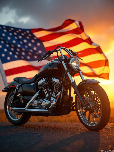 TUTUMAY21 Diamond Art Kits for Adults Motorcycle American Flag Sunset Diamond Painting Kits for Adults Beginner, Frameless Diamond Painting Kit for Home Wall Decor 12x16inch TUTUMAY21