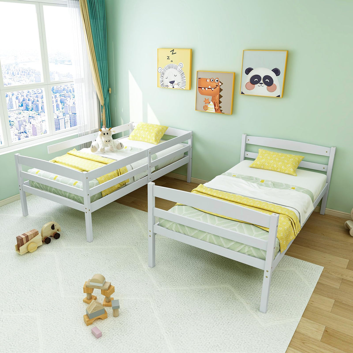 Giantex Bunk Bed Twin Over Twin, Solid Wood Detachable Bed Frame with High Guardrails & Integrated Ladder, Wooden Slatted Bunk Bed for Kids & Teens, No Box Spring Needed, White Giantex