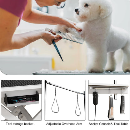 49.6” Electric Lift Pet Grooming Table | Adjustable Height | Heavy Duty Design | Overhead Arm | Non-slip Surface | Professional Grade | Ideal for Dogs & Cats | Black & White Available (WHITE)