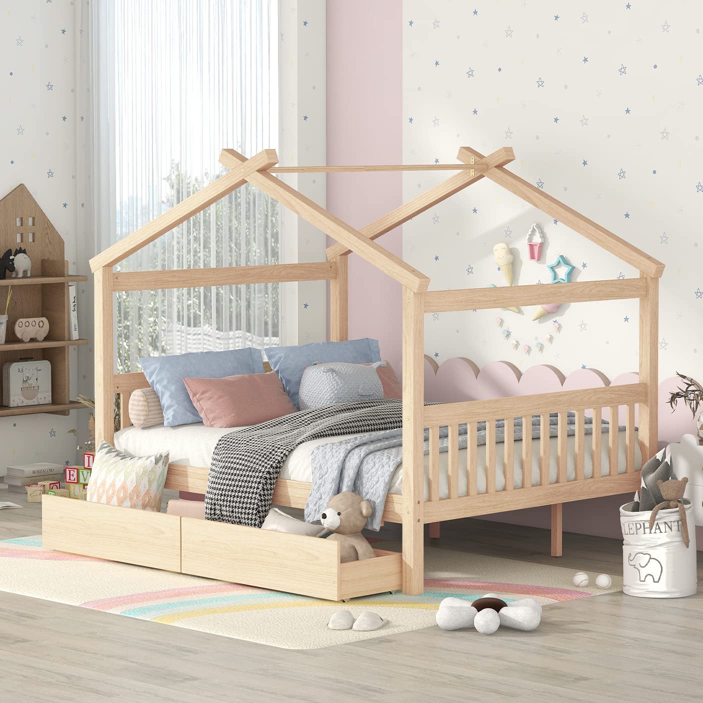 BOVZA Full Size Wooden House Bed with Storage Drawers for Kids - Natural Montessori Design