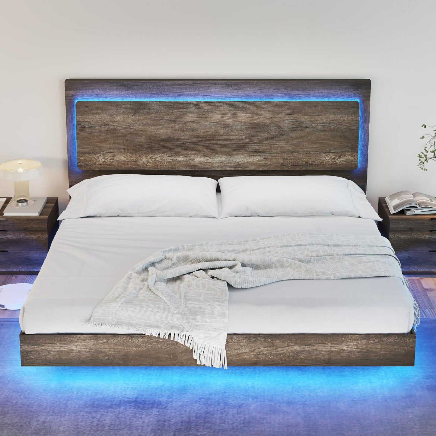 AMERLIFE Floating King Bed Frame with Recline Headboard and LED Lighting in Washed Gray - WoodArtSupply