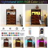 SZLHANJZ End Table with Charging Station, Nightstand with LED Lights and 3 Drawers, Small Dresser with Fabric Storage, Retro Side Table for Bedside, Living Room Dorm, Rustic Brown SZLHANJZ