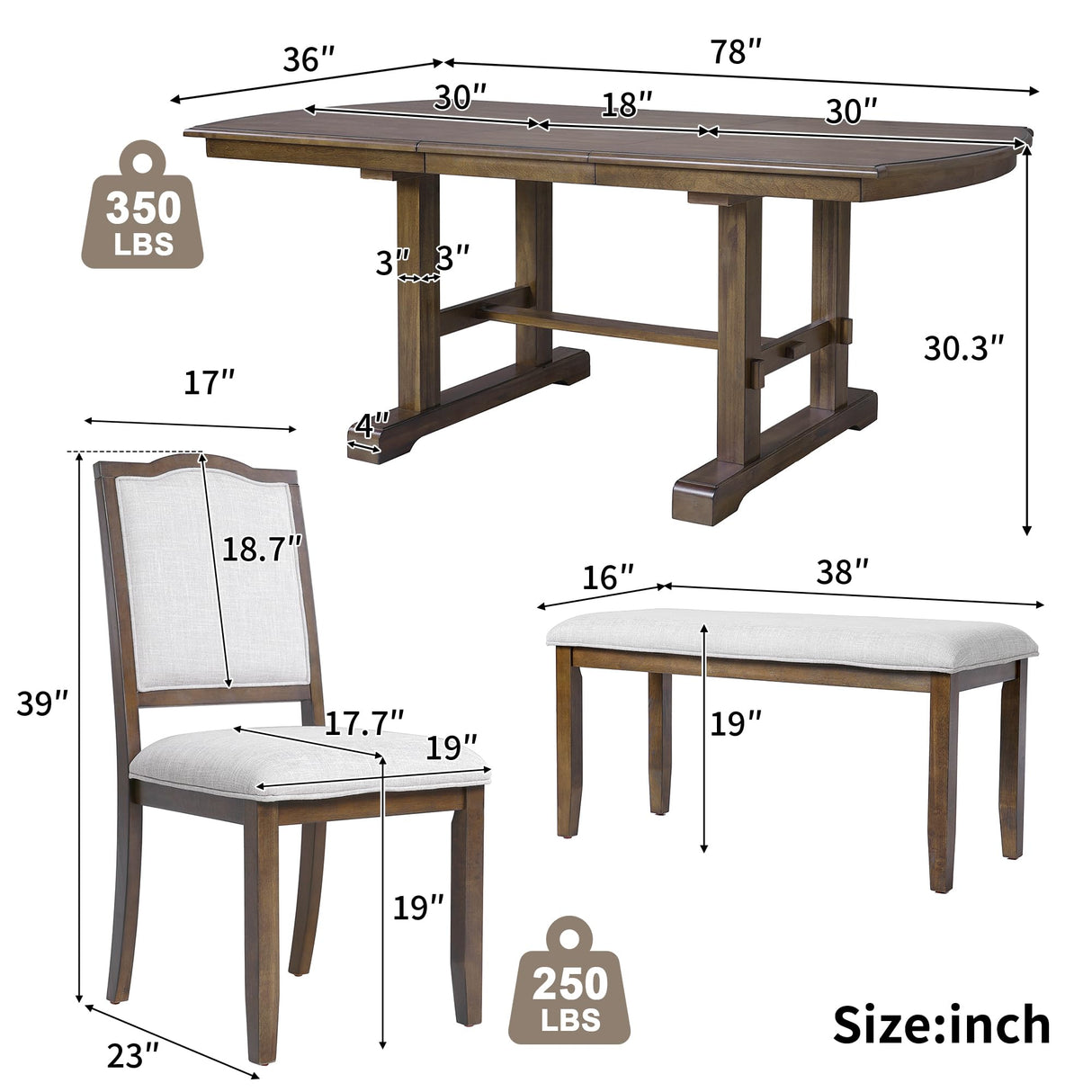 6-Piece Dining Table Set, 60inch to 78inch Extendable Wood Dining Table with Removable Leaf, Kitchen Table Set with 4 Upholstered Side Chair and Bench, Dining Table Set for 6 (Brown) THINK 30