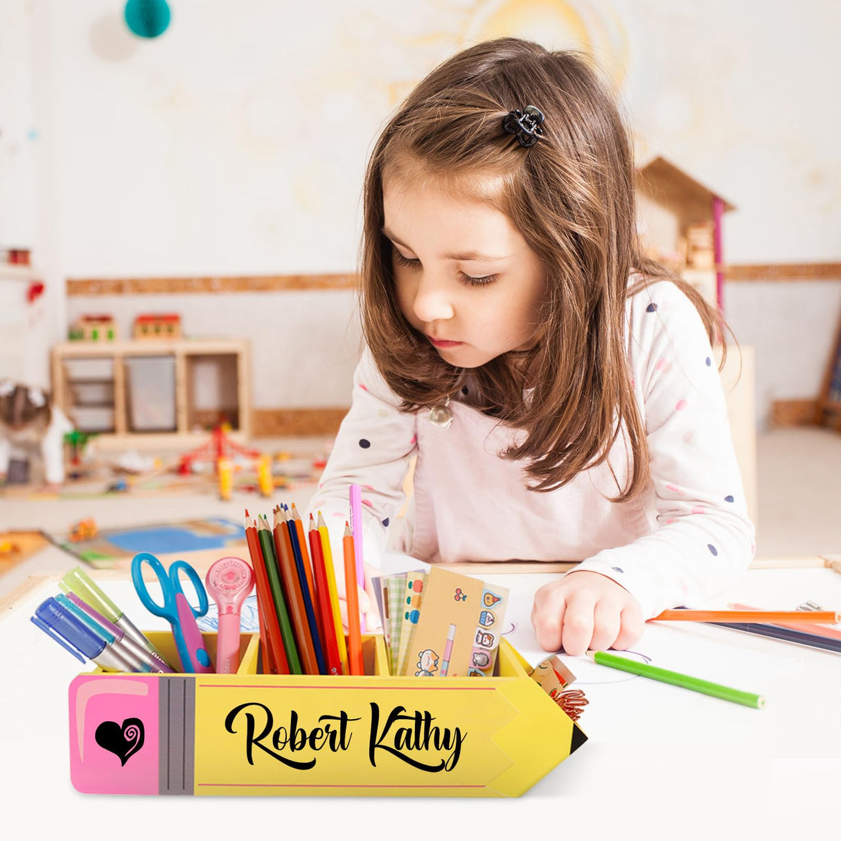 Zhamate Personalized Pencil Holder, Teacher Appreciation Gifts Teacher Name Pencil Holder Wooden Pencil Shape, Teachers' Day Birthday Supplies for Women Men Desk Sign Classroom School Office Decor Zhamate