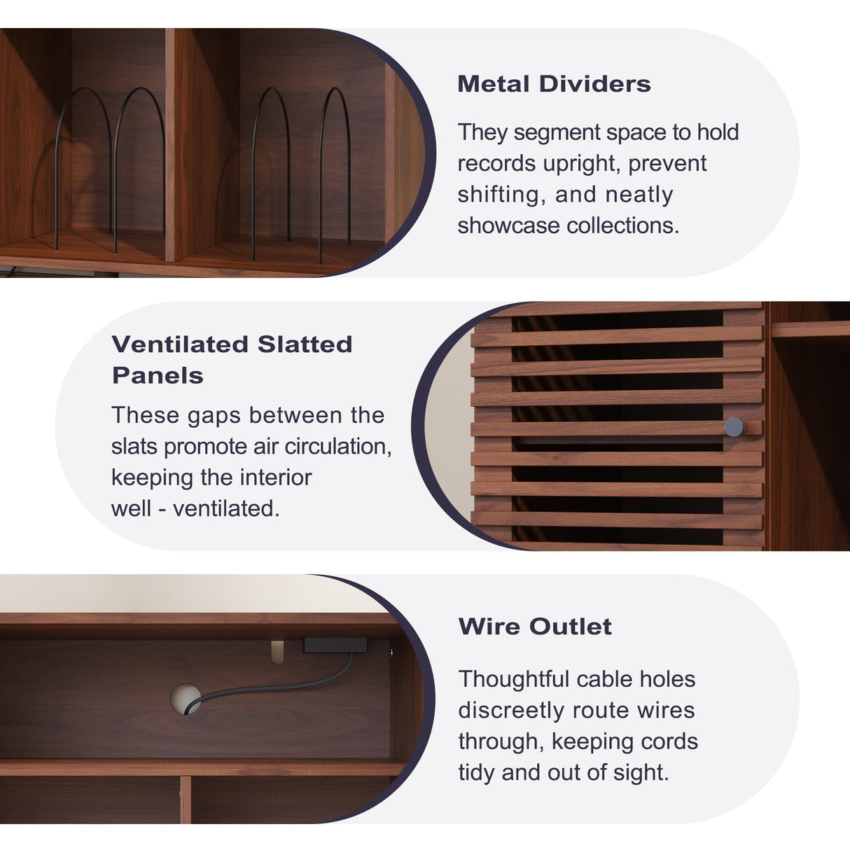 Furnify Record Player Stand with Charging Station, Mid-Century Turntable Stand with Slatted Doors, 40" W Record Player Table Holds Up to 350 Albums Vinyl Storage Display Shelf for Living Room, Walnut Furnify