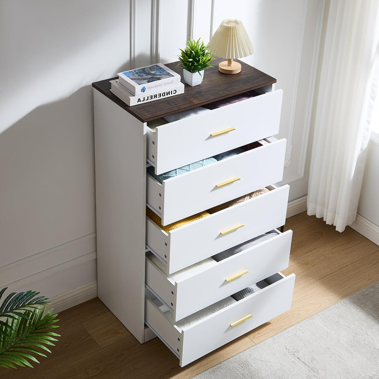LIDYUK Dresser for Bedroom, Wood Dresser with 5 Drawers, Modern Minimalist Dressers & Chests of Drawers, 47 Inches Tall Chest of Drawers for Bedroom, Hallway, Living Room, White LIDYUK