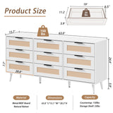 UEV Rattan 9 Drawer Triple Dresser for Bedroom,63" White Dresser TV Stand for TVs up to 75",Wide Chest of Drawers,Large Storage Long Dresser with Modern Rattan Drawers for Living Room UEV