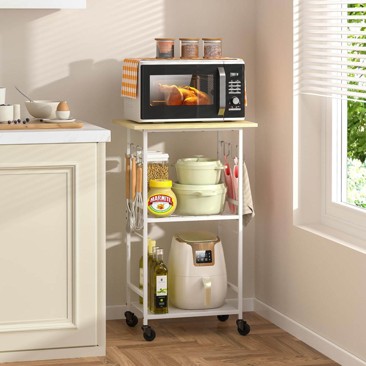 ThreeHio Rolling Kitchen Microwave Cart, 3 Tier Microwave Table Stand with Adjustable Shelf, Kitchen Storage Rack on Wheels, Coffee Station Cart Rack Shelf Organizer for Living Room Office, Balcony ThreeHio