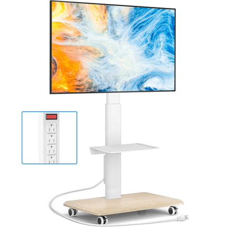 Rfiver Sleek Rolling TV Stand with Power Outlet for Home Decor, Height Adjustable Portable TV Stand on Wheels for 32-70 Inch TVs, Strong Tall Mobile TV Cart with Mount Up to 88 lbs, White Rfiver